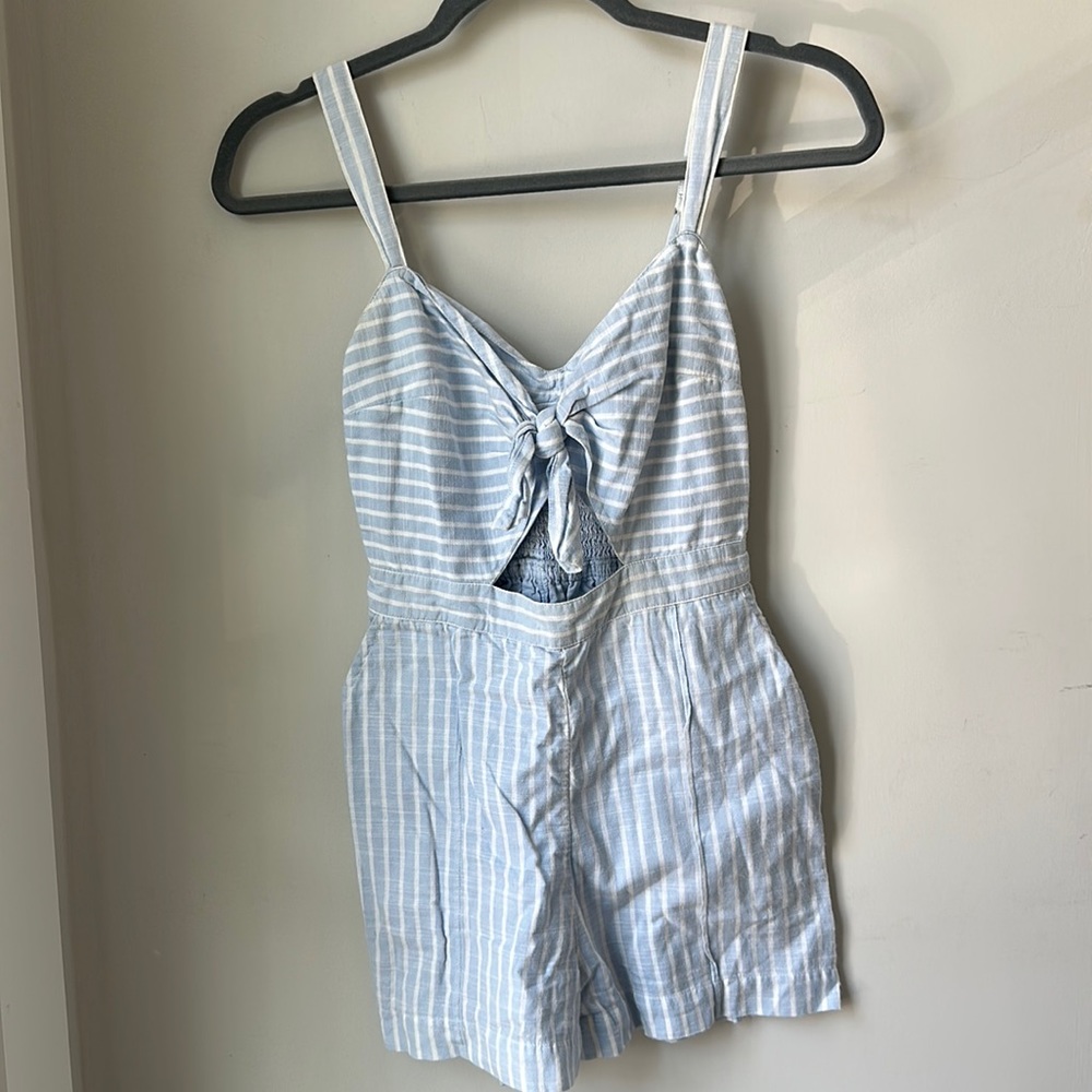 Abercrombie & Fitch Light Blue and White Striped Linen Romper